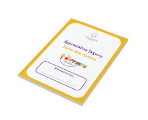 Image represenging a mock-up of an A4 booklet that is the "AI Interview Guide". The booklet has a yellow border, the "Positive Psychology Summit: UK" logo, then in Purple the words "Appreciative Inquiry" followed by the sub-heading in yellow "Taster Mini-Summit". Below this is the logo for The Happiness Speaker and below again, a purple rectangle (white inside) with rounded corners, the title "Affirmative Topic" in purple, and a green line in the space for participants to write their chosen topic.