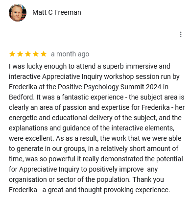 Google review by Matt C Freeman, attendee at Positive Psychology Summit UK 2024: https://maps.app.goo.gl/XX21Ege1XbsxcwQ66