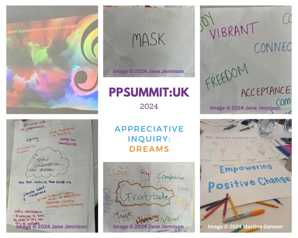 Collection of 6 photos with, at the centre, the title PPSUMMIT:UK 2024 Appreciative Inquiry: Dreams