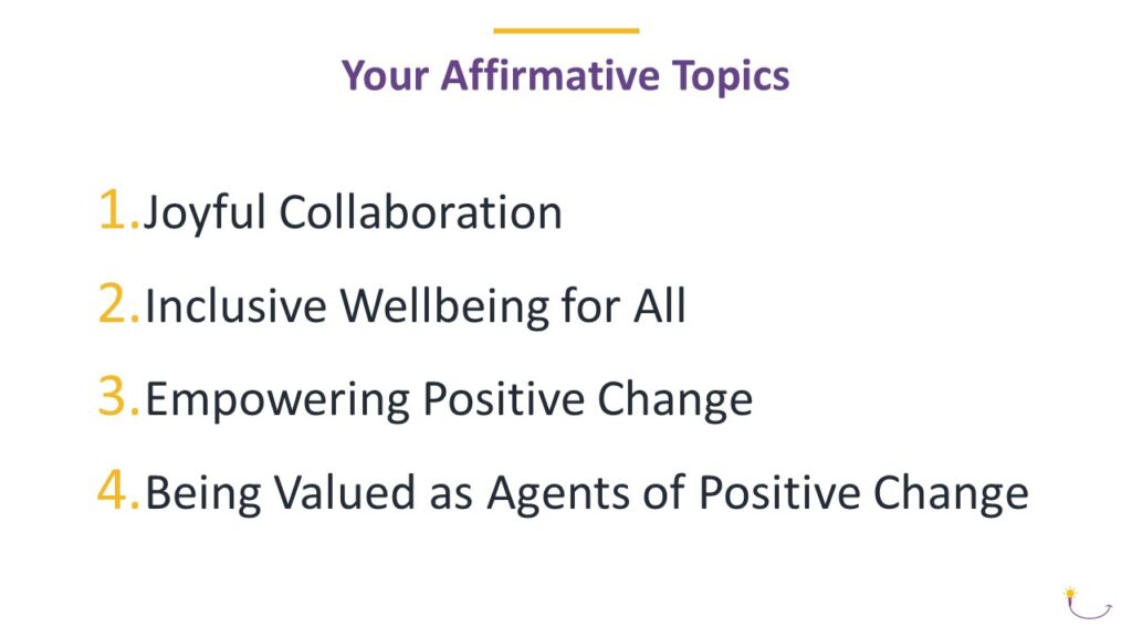 Slide from PP Summit UK 2024 Appreciative Inquiry Taster Session. The slide has the title "Your Affirmative Topics" followed by the following four items: 1. Joyful Collaboration 2. Inclusive Wellbeing for All 3. Empowering Positive Change 4. Being Valued as Agents of Positive Change